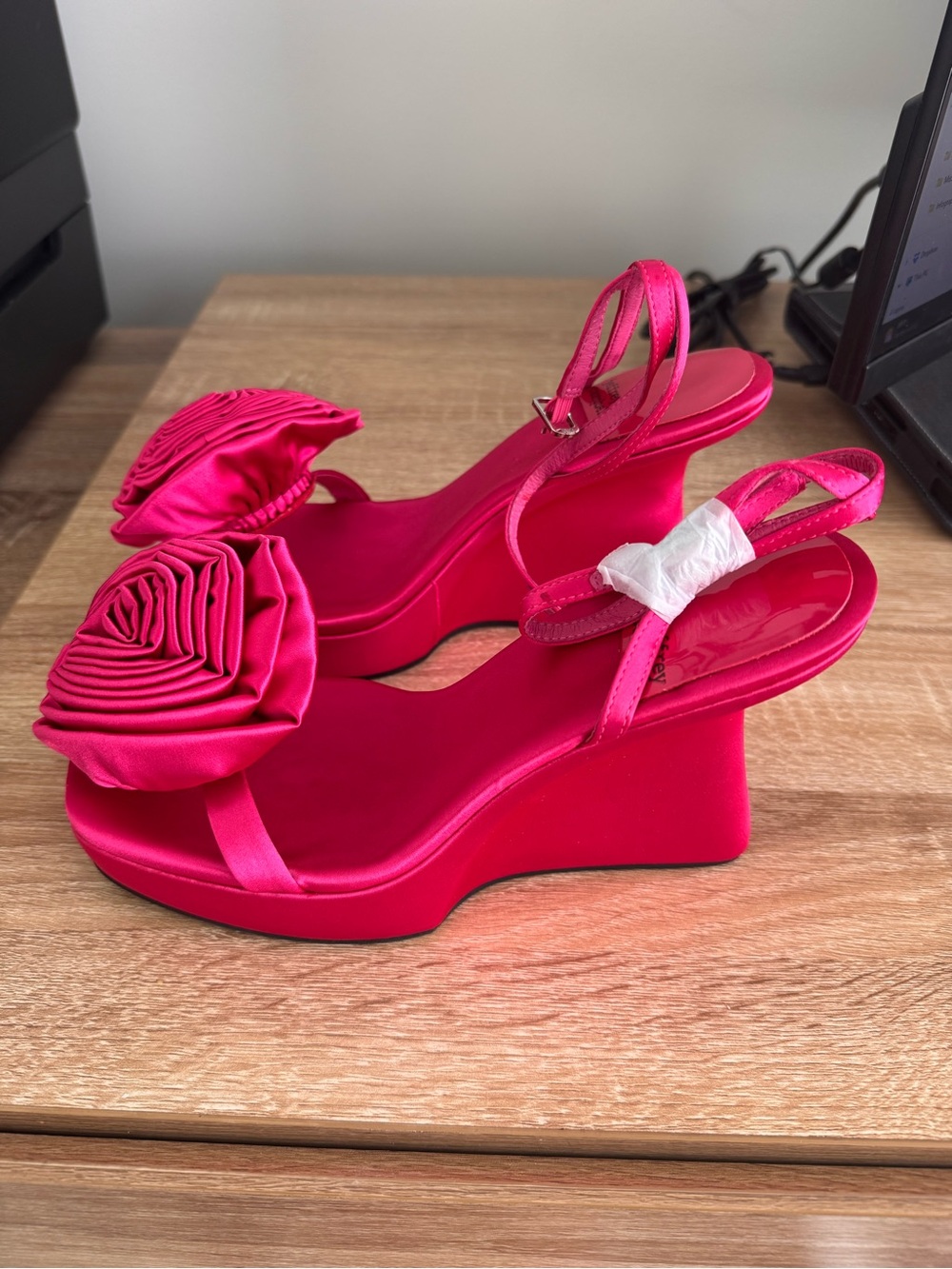 NEW Hot Pink Satin Women's Ankle-Strap Wedge Sandals with Rosette Detail